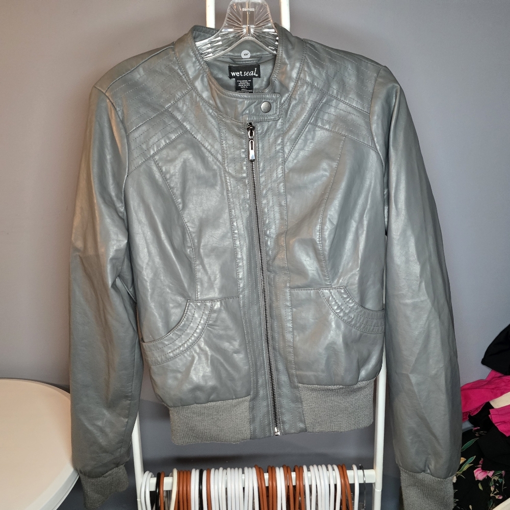 Vintage/Y2K Wet Seal Vegan Leather Moto Jacket-Juniors/Teen Girls LARGE-Grey